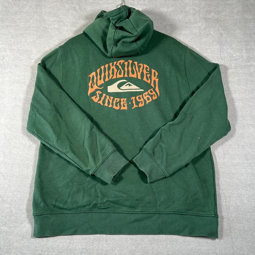 Quiksilver Graphic Surf Back Pullover Hoodie Mens L Green Cotton Blend